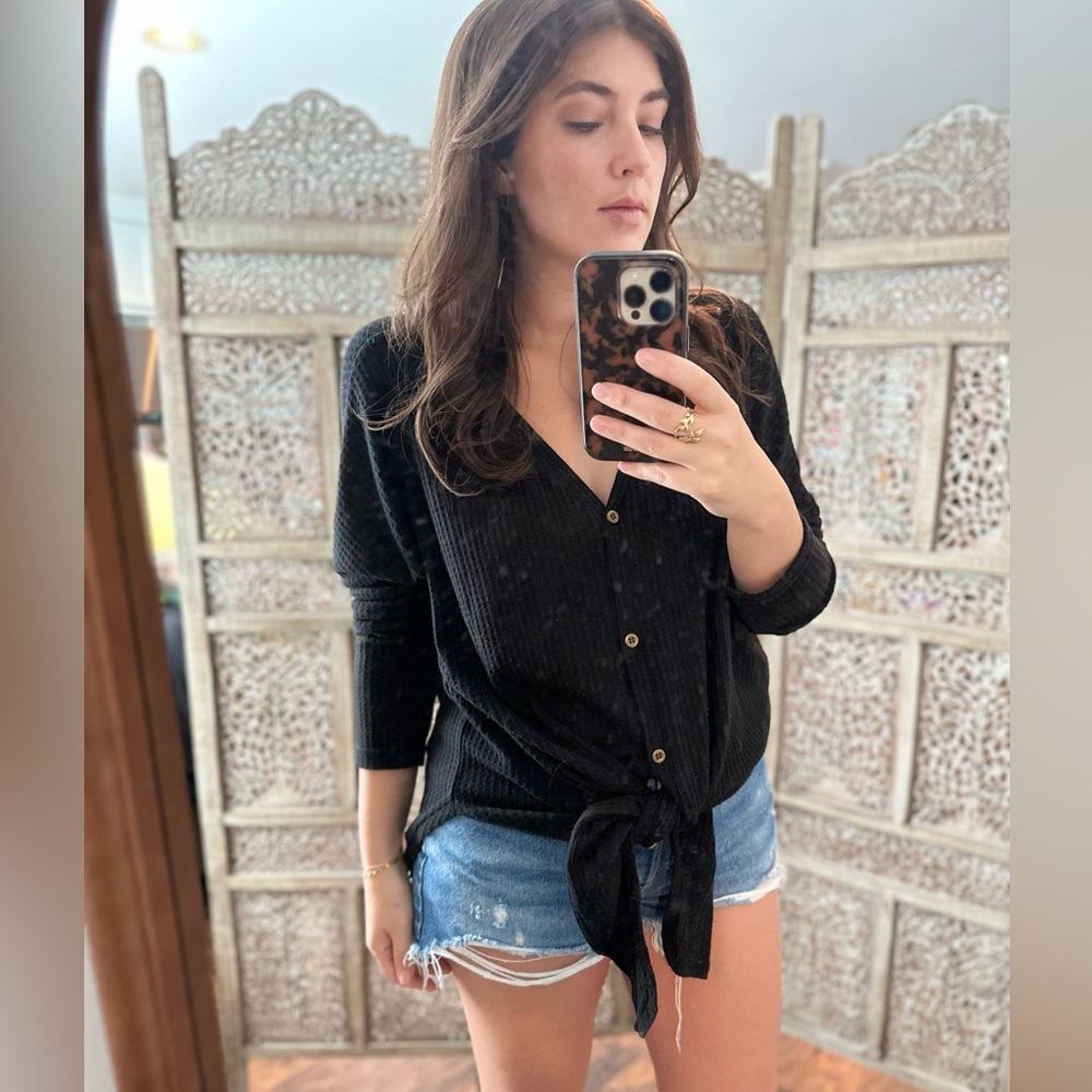 Black Button-Up Women's Top with tie front